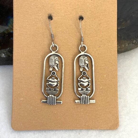 Sterling Silver 925 Egyptian Amulet Hieroglyph Scarab Cartouche Dangle Earrings - Picture 7 of 16